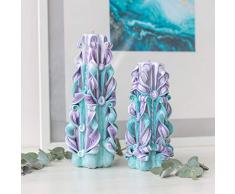 Grandes velas talladas en púrpura y turquesa claro - hermosas velas para la chimenea y velas para la decoración del hogar - una idea de regalo para Navidad, Pascua, Día de la Madre, un cumpleaños.