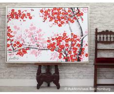 Cuadro al óleo pintado a mano con marco - Árbol florecido - 124 x 84 cm