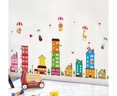 HorBous Pegatina de Pared Globo Aerostático Animal Ciudad Pegatinas Decorativas Adhesiva Pared Dormitorio Salón Guardería Habitación Infantiles Niños Bebés