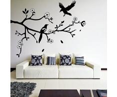 (50 x 38 cm) de vinilo adhesivo decorativo para pared con diseño de ramas y hojas, y pájaros de diseño de flores blancas/dos colores lámina de decoración de vinilo / + de tela al azar incluye figura decorativa y calcomanías para regalo!