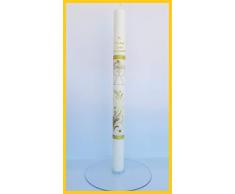 FIESTADEKOR Vela/Cirio para Bautizo de Cera Blanca Decorada con Dibujos de Ceremonia y Rematada con Cintas Doradas de Tela Metalizada. Medida 3x40cm. Color Ocre (Personalizada)