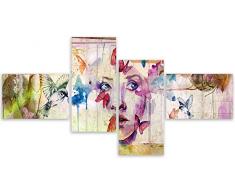 Feeby Frames, Cuadro en lienzo - 4 partes - Cuadro impresión, Cuadro decoración, Canvas Tipo Z, 130x70 cm, MODERNO, ACUARELA, MADERA, MUJERES, PÁJAROS, FLORES, MULTICOLOR
