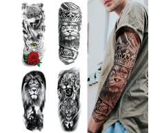 Full Brazo Tatuajes Temporales, Feelairy Grandes Tatuajes Falso Brazo Completo Negro, Tatuaje Temporal Adultos Tatuaje Cuerpo Pegatinas Animales para Hombres Mujeres, Lobo, León, Tigre (4 Hojas)