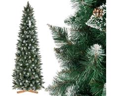 FairyTrees Árbol de Navidad Artificial Slim, Pino Natural Blanco nevado, PVC, Las verdaderas piñas, el Soporte de Madera, 220cm, FT09-220
