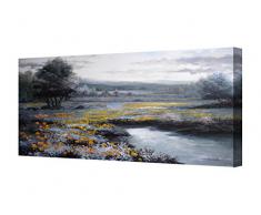 Cuadros en lienzo paisaje con flores amarillas panorámicos alargados -Pintura actual pintada a mano con pinturas al oleo - Arte para decoración