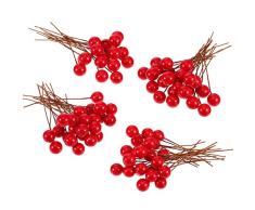 Bayas de Acebo Artificiales, 100 Piezas Mini 10 mm de Bayas Falsas Adornos en Alambre para Decoraciones de Árbol de Navidad DIY de Corona de Flores Manualidades (Rojo)