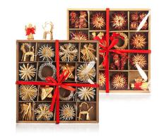 com-four® Adornos de árbol de Navidad de 112 Piezas - Decoraciones para árboles de Navidad Hechas de Paja - Estrellas de Paja en Varios diseños