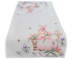 Matches21 - Camino de Mesa/Mantel de Pascua para niña, Conejo de Pascua, Primavera, Blanco, impresión Rosa, Multicolor, 40 x 90 cm, 100% poliéster