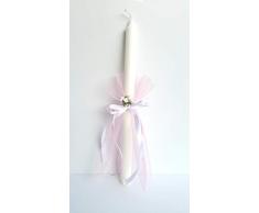 Vela bautizo niña de cera blanca, vela primera comunión,decorada con tul color rosa,lazos y flores .medida altura 35 cm