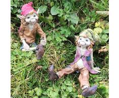 Set de 2 duendes sentados, esculturas mágicas misteriosas, figuras decorativas para jardín de alta calidad, elfos y hadas, altura: 12 cm