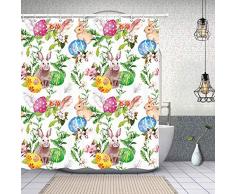 Decoración floral del baño de la cortina de ducha feliz del día de Pascua de la primavera, conejo de conejito de pascua con los huevos coloreados en hierba, cortinas de ducha del festival de la tela p