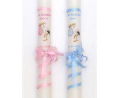 VELAS PINSART Vela de bautizo cigüeña y cinta-medidas 40x3 cm.POSIBILIDAD DE PERSONALIZAR CON EL NOMBRE Y LA FECHA DEL BAUTIZO EN ROSA, AZUL O DORADO