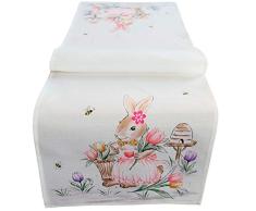 Matches21 - Camino de Mesa/Mantel de Pascua para niña, Conejo de Pascua, Primavera, Blanco, impresión Rosa, Multicolor, 40 x 140 cm, 100% poliéster