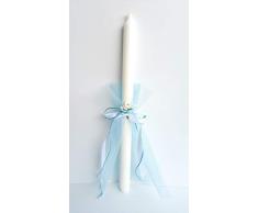 Vela bautizo niño de cera blanca, vela primera comunión,decorada con tul color azul lazos y flor medida altura 35/2.2 cm.