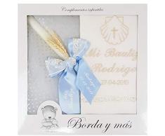 Pack Bautizo PERSONALIZADO incluye paño Bautismal y Vela de cera blanca. Modelo París (Azul)