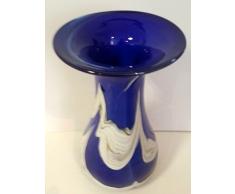 Jarrón grande abombado de cristal coloreado, florero de vidrio soplado a boca con adornos de cristal coloreado, con adornos de cristal coloreado en colour azul. beige blanco de mármol altura aprox. 30 - 33 cm, disenado y fabricado