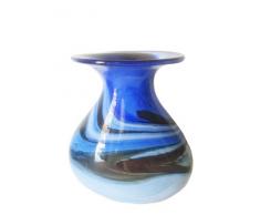 Jarron grande de cristal coloreado, forma oval, florero de vidrio soplado a boca en tonos azul, beige, blanco de marmol, altura circa 21-23 cm disenado y fabricado por Oberstdorfer Glashütte