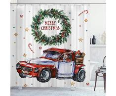 DYCBNESS Cortina de Ducha,Feliz Navidad Año Nuevo Festival Navidad Santa en Coche y Feliz Navidad Dentro de Corona de Adviento,Durable Cortina de Baño Impermeable,180 x 180 cm
