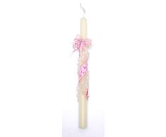 Vela de bautizo -baby01-de 30x2 cm,decorada con flores pinzadas en espiral. Una cinta,dos perlas blancas, un lazo con,chupete, la cinta, lazo y chupete,rosa o azul. La cinta tiene dibujos de cochecitos, cunas, biberones, baberos,