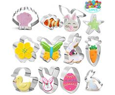 Hook 12 Galletas Moldes Pascua, Cortapastas Acero Inoxidable para Pastel, Cookie, Fondant, Polluelos, Conejos, Zanahorias, Mariposas, Huevos, Regalo Ideal de Pascua y Galletas de Pascua.