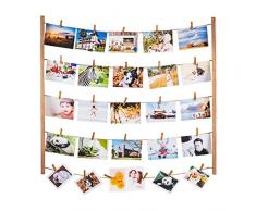 MOVEONSTEP Marco De Pared Multi De La Marco Foto De Madera Natural para Colgar Fotos e Lmágenes con 5 Cuerdas Colgantes De Cuadros y 30 Clips De Madera Incluye-Profundo Color