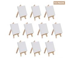 Set Mini Lienzo paneles Arte con Caballete de Madera- Pack 10 Lienzos (10x10cm) Caballete (14,5 cm) Mini Exhibidor Caballete Madera Lienzo en Blanco Dibujar, Pintura al Óleo, Sobremesas, Manualidades