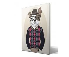 Canvas lienzo bastidor Perro Bulldog hípster - Ancho: 55cm - Alto: 75cm - Bastidor: 3cm - Imagen alta resolución - Impresión sobre Lienzo de Algodón 100% - Bastidor de madera 3x3cm - reproduccion digital - Cuadro de calidad