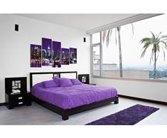 DEKOARTE 32 - Cuadro Moderno New York Skyline Manhattan, Lienzo de 5 Piezas, 150 x 100 cm, Fondo de Color Morado