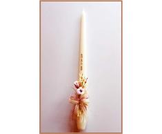 FIESTADEKOR Vela (CIRIO) para Bautizo DE Cera Blanca. Medida 3x36 CM Decorada con Pick Floral RÚSTICO Y Lazos DE PUNTILLA Calada.