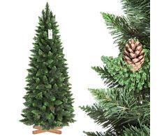 FairyTrees Árbol de Navidad Artificial Slim, Pino Natural Verde, Material PVC, Las piñas verdaderas, el Soporte de Madera, 180cm, FT08-180
