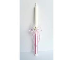 Vela bautizo niña de cera blanca, vela primera comunion,decorada con lazo color rosa y flor .medida altura 35 cm.