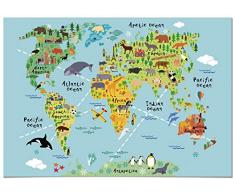 Panorama® Lienzo Infantil para habitación Mapa Mundi Niños Animales 70x50cm - Impreso en Lienzo con Bastidor - Cuadros Infantiles - Cuadros para habitación bebés y niños - Decoración habitación bebé
