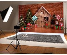 YongFoto 2,2x1,5m Vinilo Fondo de Fotografia Navidad Decoración navideña Adornos de árbol de Navidad Piruletas Pared de ladrillo Rojo Telón de Fondo de Fotografía Bebé Estudio de Foto 220x150cm