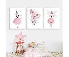 Juego de 3 Cuadros Infantiles Niña Flor Pósteres Láminas Rosa Impresiones sobre Lienzo Decoración Habitación Bebé pared Regalo Sin Marco NPTWC003-M