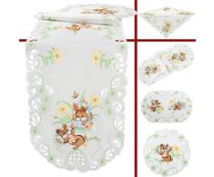 Mantel bordado Quinnyshop con conejo de Pascua marrones y flores, camino de mesa, tamaño a elegir, de poliéster, color blanco, poliéster, Weiß, 40 x 110 cm