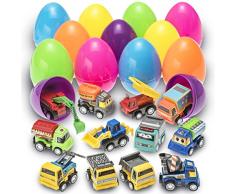 Prextex Huevos de Pascua de Juguete Rellenos con Vehículos de Construcción a Cuerda