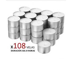 Cia&Co Pack 108 Velas de té XXL Larga Duración 8 Horas. Vela Blanca sin Aroma de Parafina. Ideal Hosteleria