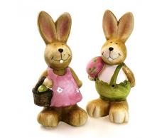 2 x figura decorativa de conejo de Pascua y liebre en el juego de caja de madera Protector de pluma de ganso de puesto de poli de piedra y madera, 12 cm de altura de pared, diseño de Oster con diseño de animales de figura decorativa