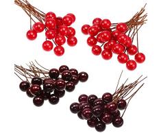Tatuo Bayas de Acebo Artificiales, 100 Piezas Mini 10 mm de Bayas Falsas Adornos en Alambre para Decoraciones de Árbol de Navidad DIY de Corona de Flores Manualidades (Rojo Vino)