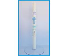 Vela para Bautizo DE Cera Blanca. Medida 3 x 40CM Decorada con Lazo, SONAJERO DE Fieltro Y CIGÜEÑA Adhesiva (Azul Personalizada)