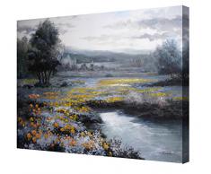 Cuadro moderno en lienzo paisaje con flores amarillas formato rectangular -Pintura actual, medidas grandes 92x73 cm pintada a mano con pinturas al oleo - Arte para decoración