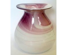 Jarron grande de cristal coloreado forma ovalada, florero moderno de vidrio soplado a boca en el colour violetta y blanco de marmol, altura cerca 21 cm, disenado y fabricado por Oberstdorfer Glashütte