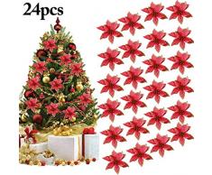 Outgeek Flores para Navidad, 24 Piezas 5.91"Flor de Navidad Artificial con Purpurina de Navidad para Árbol de Navidad Guirnalda Ornamento de la decoración del Partido (Rojo)