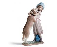 LLADRÓ Figura Niña con Perro Cariñosa Bienvenida. Figura Niña de Porcelana.