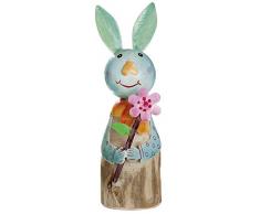 dekojohnson Figura Decorativa de Conejo de Pascua con Flor de Madera y Metal, Figura de jardín, decoración de Pascua, Multicolor, de pie, 21 cm