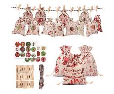 INTVN Calendario de Adviento, Set de 24 Bolsas de Yute para Rellenar con Calendario de Adviento Casero, Bolsa de Regalo Navidad Decoración Navideña para el Hogar(24 PCS)