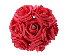 Ramo de flores de novia - TOOGOO(R) Ramo nupcial de novia de 7 piezas(un manojo) de rosa artificial de espuma para decoracion del banquete de boda rojo