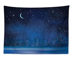 ABAKUHAUS Luna Tapiz de Pared y Cubrecama Suave, Invierno Místico Lugar Mágico Cielo Estrellado Noche Oscura Paisaje Bosque Encantado, Decoración para el Cuarto, 150 x 110 cm, Azul Oscuro
