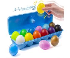PREXTEX 12 Juguete de percusión Musical Maracas Egg Shakers - 12 Huevos de Pascua de plástico de Color en cartón - Gran Juguete de Aprendizaje de Ritmo para niños, Pintura de Bricolaje