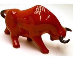 Escultura cerámica de TORO hecho y pintado a mano. Figura decorativa. (Tamaño GRANDE 33 cm x 19 cm x 13 cm) (ROJO SALINO)
